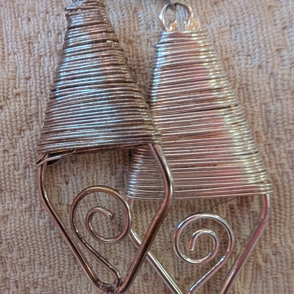 Long Silvery Metal Wire Wrapped Geometric Earrings